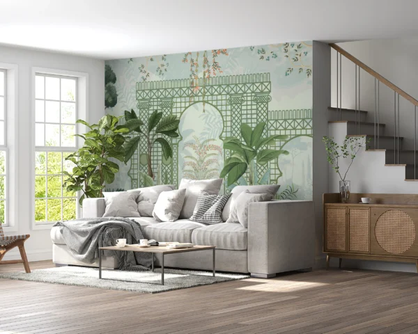 Papier Peint Jardin Tropical Romantique avec Treillis Architectural Vert – Main