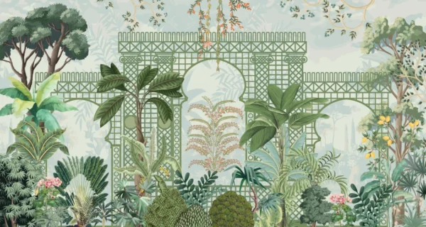 Papier Peint Jardin Tropical Romantique avec Treillis Architectural Vert – Wallpaper