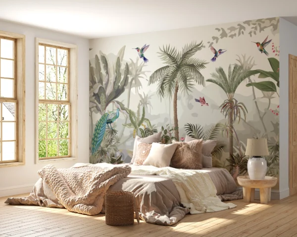 Papier Peint Jungle Tropicale avec Oiseaux Exotiques et Palmiers – Gallery