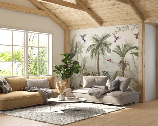 Papier Peint Jungle Tropicale avec Oiseaux Exotiques et Palmiers – Gallery