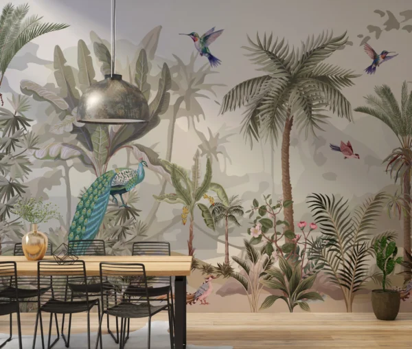 Papier Peint Jungle Tropicale avec Oiseaux Exotiques et Palmiers – Main