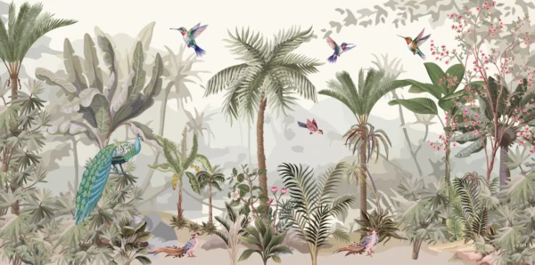 Papier Peint Jungle Tropicale avec Oiseaux Exotiques et Palmiers – Wallpaper