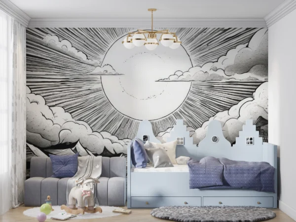 Papier peint manga soleil rayonnant et nuages dynamiques noir blanc – Gallery