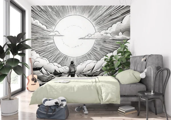 Papier peint manga soleil rayonnant et nuages dynamiques noir blanc – Gallery