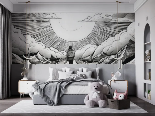 Papier peint manga soleil rayonnant et nuages dynamiques noir blanc – Gallery