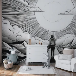 Papier peint manga soleil rayonnant et nuages dynamiques noir blanc