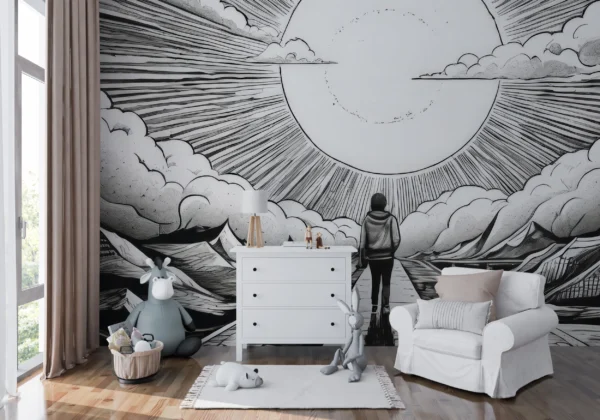 Papier peint manga soleil rayonnant et nuages dynamiques noir blanc – Main