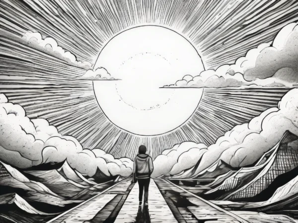 Papier peint manga soleil rayonnant et nuages dynamiques noir blanc – Wallpaper