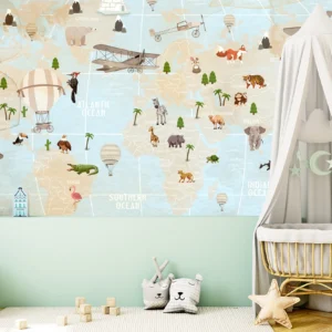 Papier Peint Mappemonde Aventure avec Animaux et Transports Vintage