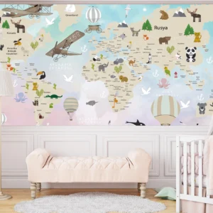 Papier Peint Mappemonde Enfantine avec Animaux et Moyens de Transport