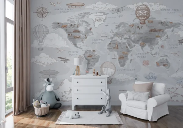 Papier Peint Mappemonde Vintage avec Montgolfières et Bateaux d’Époque – Gallery