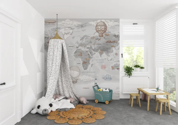 Papier Peint Mappemonde Vintage avec Montgolfières et Bateaux d’Époque – Gallery
