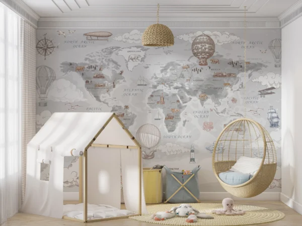 Papier Peint Mappemonde Vintage avec Montgolfières et Bateaux d’Époque – Gallery
