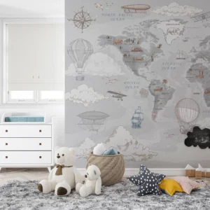 Papier Peint Mappemonde Vintage avec Montgolfières et Bateaux d'Époque