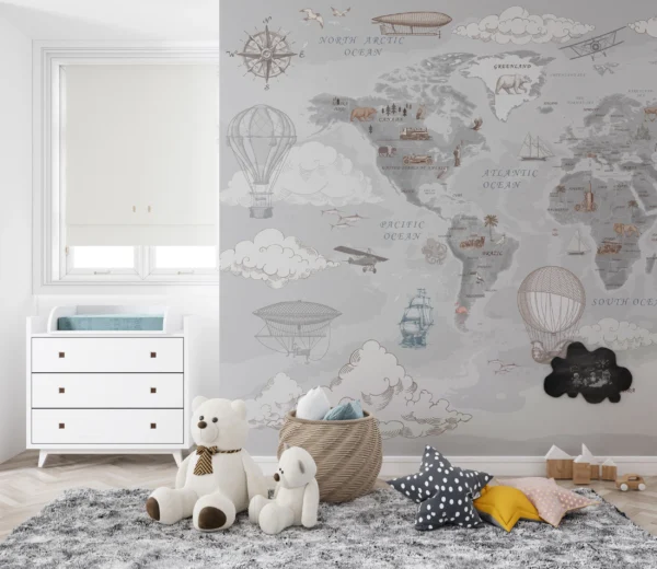 Papier Peint Mappemonde Vintage avec Montgolfières et Bateaux d’Époque – Main