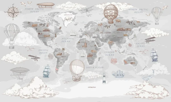 Papier Peint Mappemonde Vintage avec Montgolfières et Bateaux d’Époque – Wallpaper