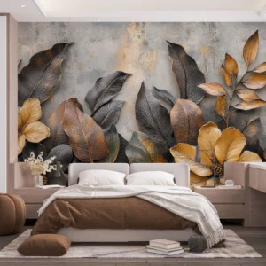 Papier peint tropical élégant fleurs dorées et feuilles exotiques