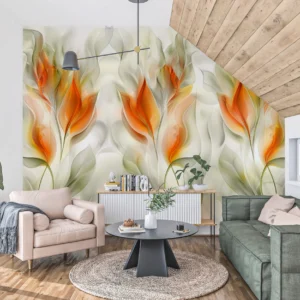 Papier peint floral abstrait aux flammes orangées sur fond nacré