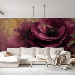 Papier Peint Artistique Fleur Pourpre Vintage sur Fond Doré