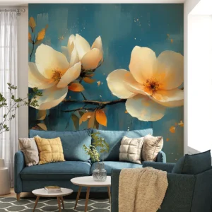 Papier peint fleurs magnolia blanches sur fond bleu abstrait