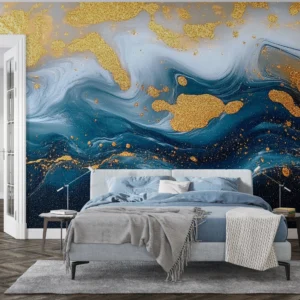 Papier Peint Abstrait Marbré Bleu et Or Luxueux