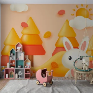 Papier peint enfant forêt automnale avec lapin et hérisson