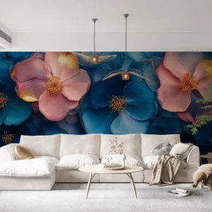 Papier Peint Fleurs Dorées Bleu Turquoise et Rose Pastel