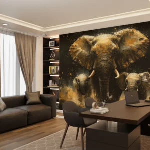 Papier Peint Famille d'Éléphants Dorés Style Artistique Moderne
