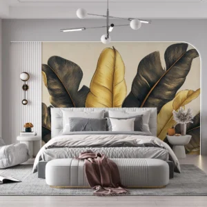 Papier Peint Feuilles Tropicales Dorées et Anthracite Luxueuses