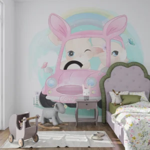 Papier peint enfant lapins roses voiture arc-en-ciel kawaii
