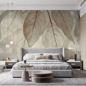 Papier peint feuilles translucides effet squelette beige naturel