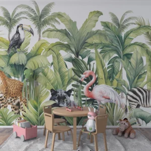Papier peint jungle tropicale avec animaux exotiques et feuillages luxuriants