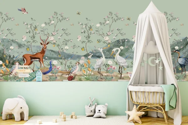 Papier Peint Panoramique Jardin Enchanté aux Animaux Sauvages et Oiseaux Exotiques – Main