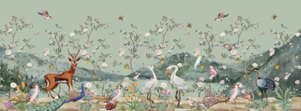 Papier Peint Panoramique Jardin Enchanté aux Animaux Sauvages et Oiseaux Exotiques – Wallpaper