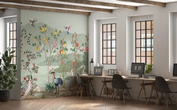 Papier peint panoramique jardin exotique oiseaux et fleurs vintage – Gallery