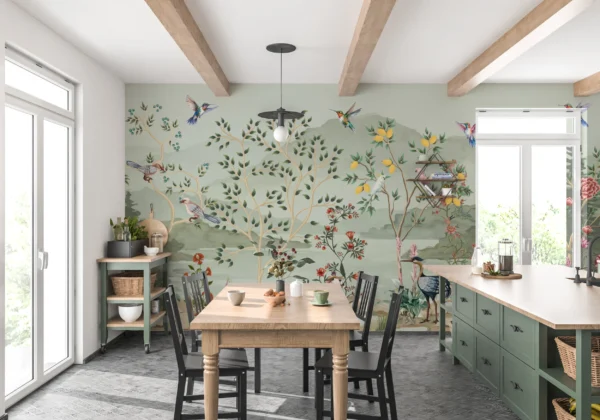 Papier peint panoramique jardin exotique oiseaux et fleurs vintage – Gallery