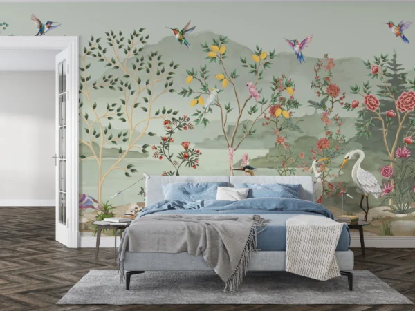Papier peint panoramique jardin exotique oiseaux et fleurs vintage – Gallery