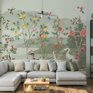 Papier peint panoramique jardin exotique oiseaux et fleurs vintage