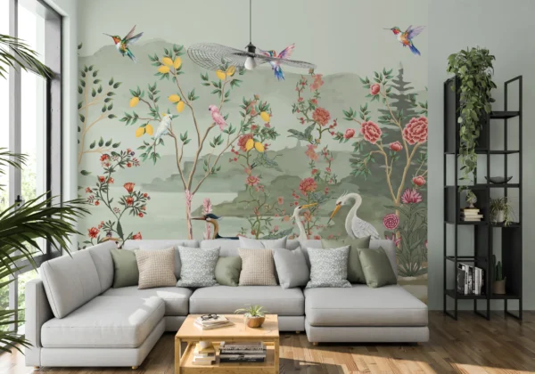 Papier peint panoramique jardin exotique oiseaux et fleurs vintage – Main