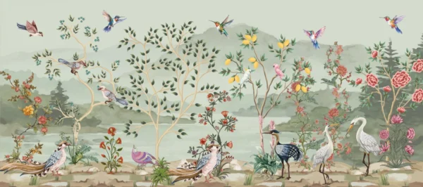 Papier peint panoramique jardin exotique oiseaux et fleurs vintage – Wallpaper