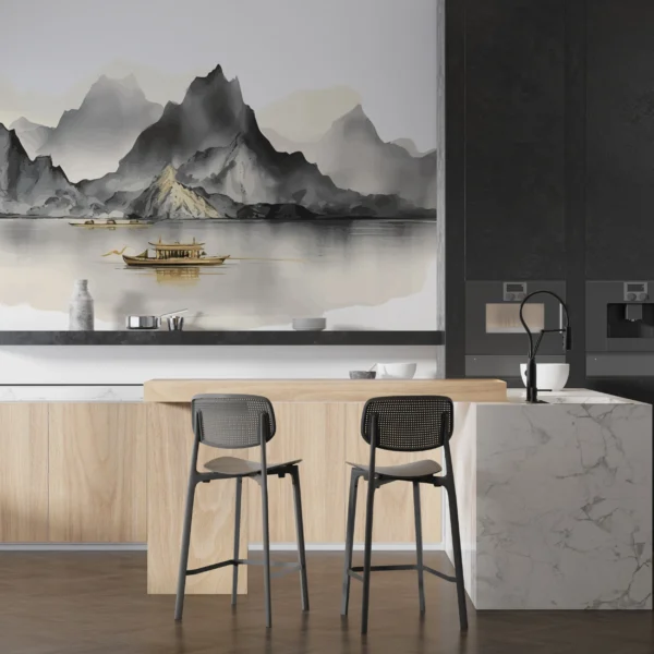 Paysage Montagneux Asiatique avec Lac et Bateau Traditionnel – Gallery