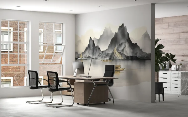 Paysage Montagneux Asiatique avec Lac et Bateau Traditionnel – Gallery