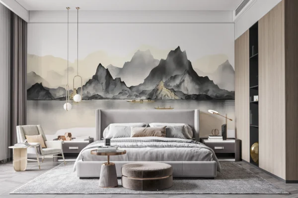 Paysage Montagneux Asiatique avec Lac et Bateau Traditionnel – Gallery