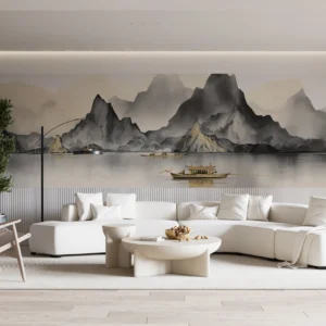 Paysage Montagneux Asiatique avec Lac et Bateau Traditionnel