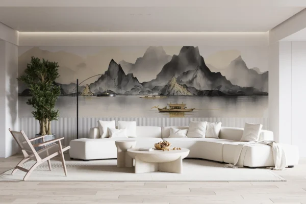 Paysage Montagneux Asiatique avec Lac et Bateau Traditionnel – Main