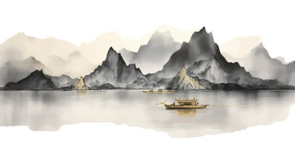 Paysage Montagneux Asiatique avec Lac et Bateau Traditionnel – Wallpaper