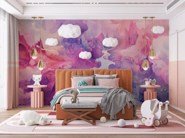 Papier Peint Paysage Fantastique Nuages Violets et Roses Onirique – Main