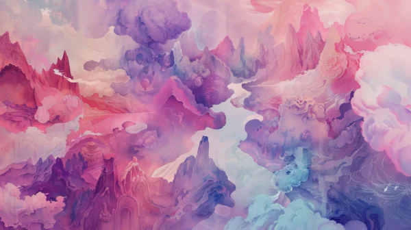 Papier Peint Paysage Fantastique Nuages Violets et Roses Onirique – Wallpaper