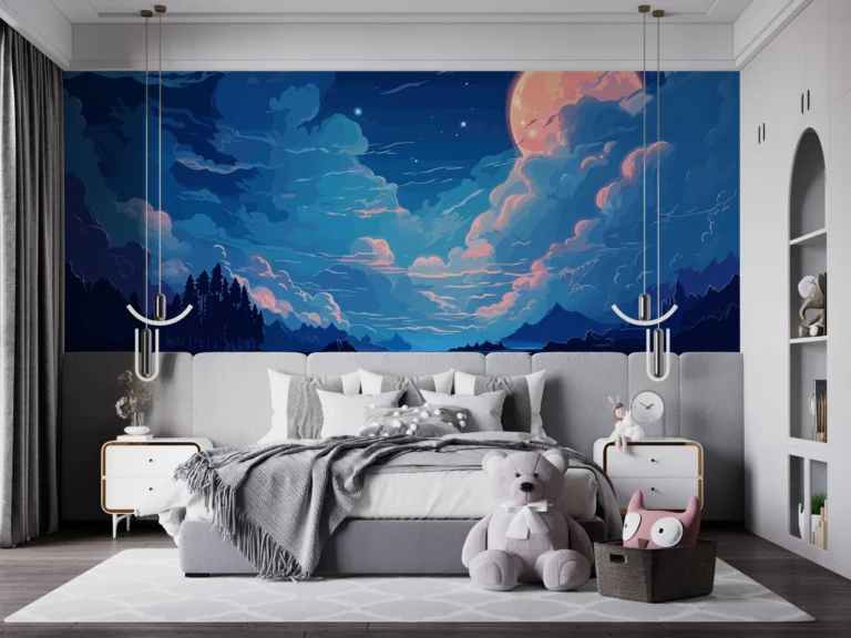 Paysage nocturne fantastique avec lune orangée et nuages mystiques – Main