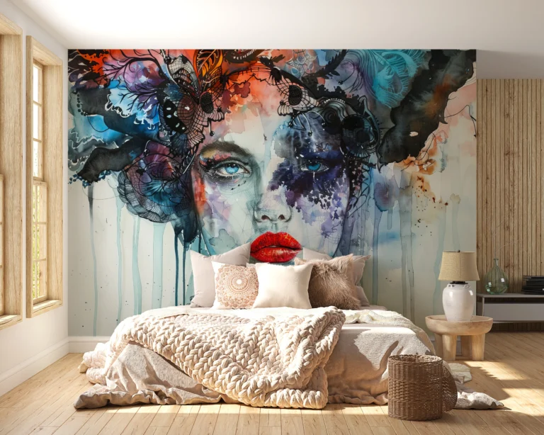 Papier Peint Artistique Portrait Féminin Aquarelle Contemporain Multicolore – Main